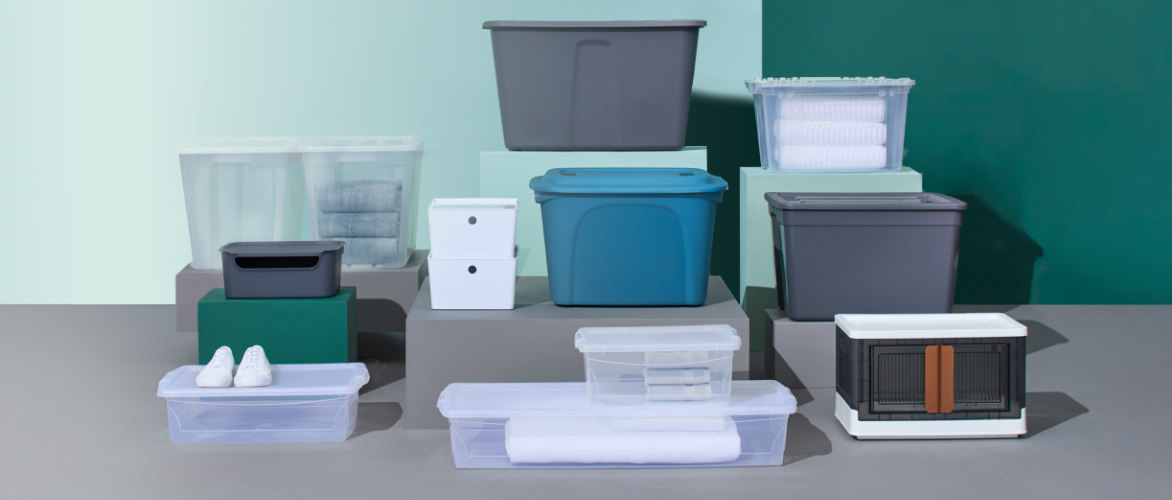 Banner promoting Type A storage solutions featuring various storage containers stacked on a grey surface and against a green background.