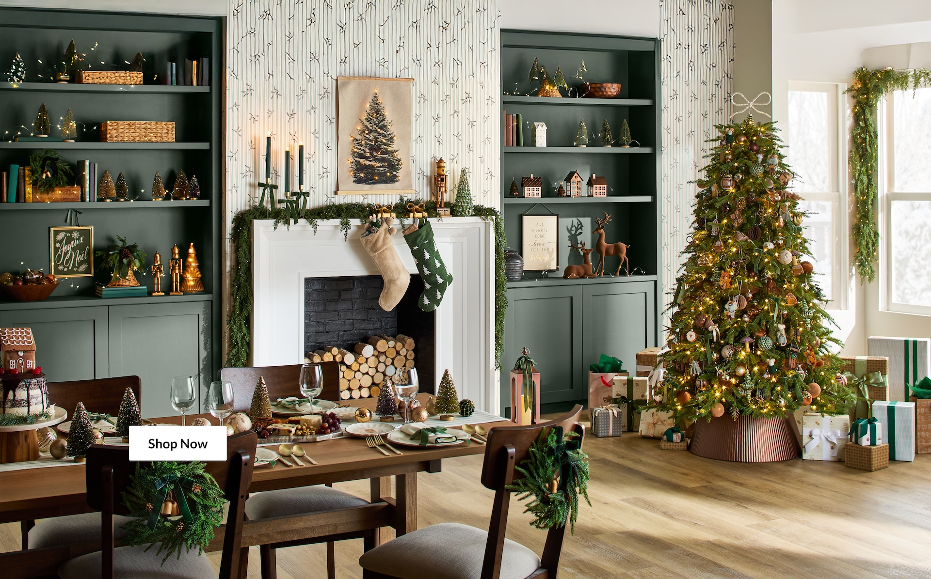 A living room decorated for the holidays with a Christmas tree and festive table setting.