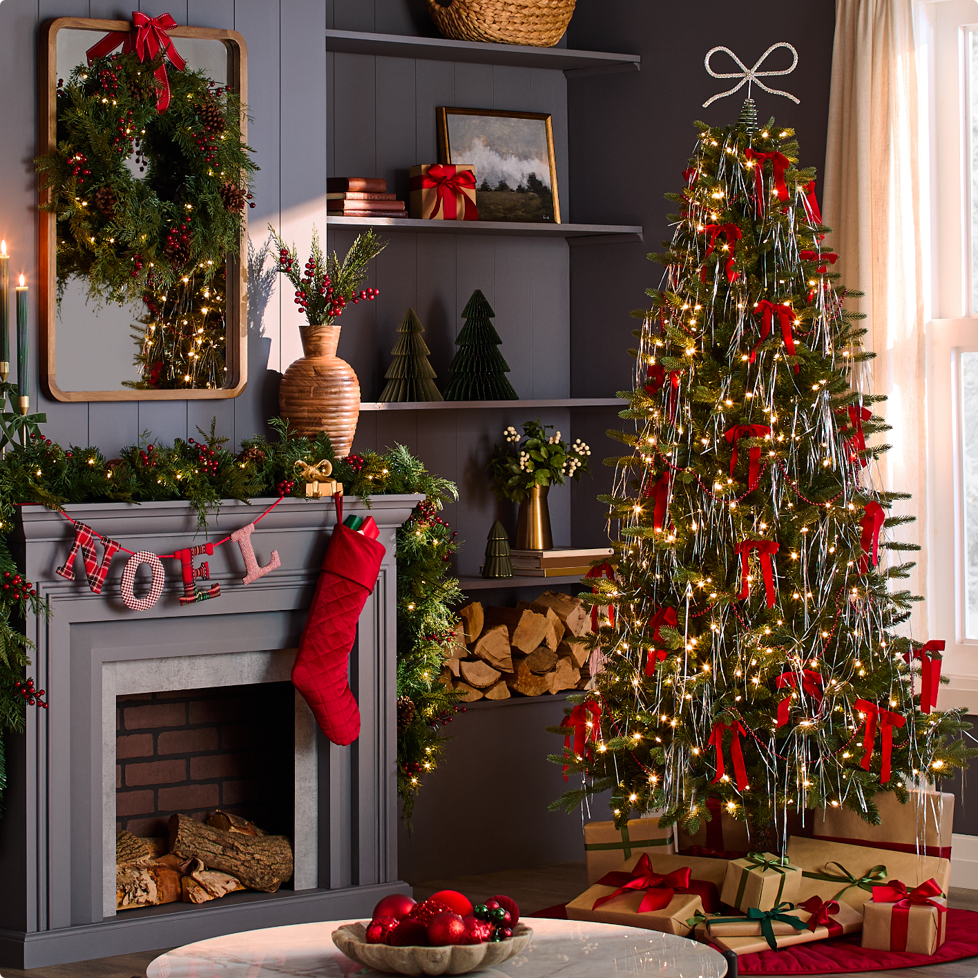 Cozy living room with a decorated Christmas tree, stockings on the fireplace, and festive wreaths and garlands.