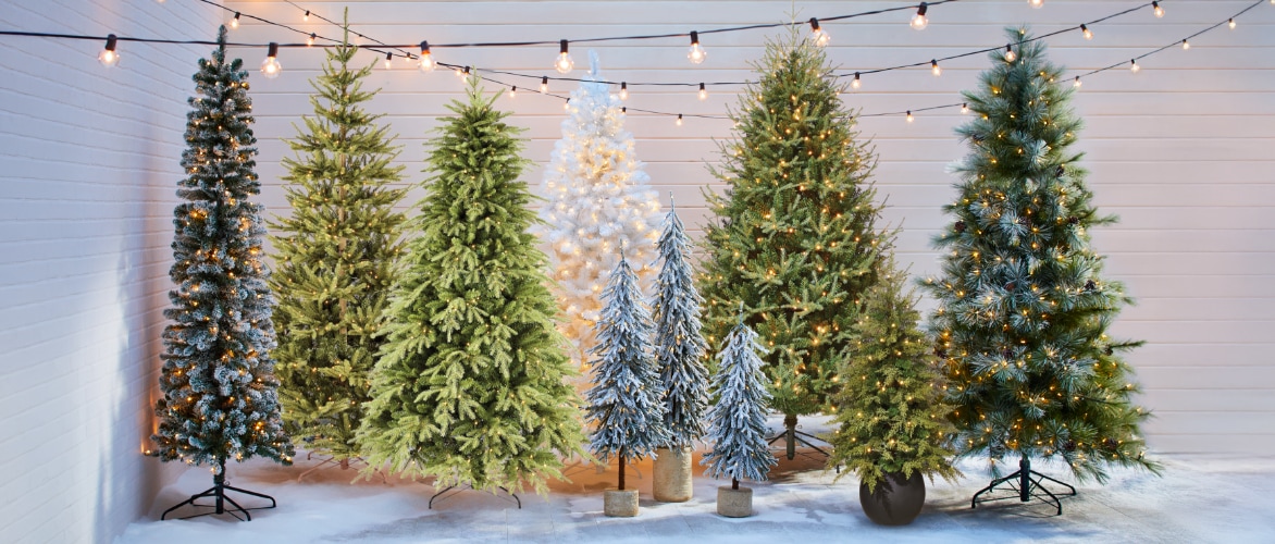 Various decorated Christmas trees in a snowy setting, with string lights above.
