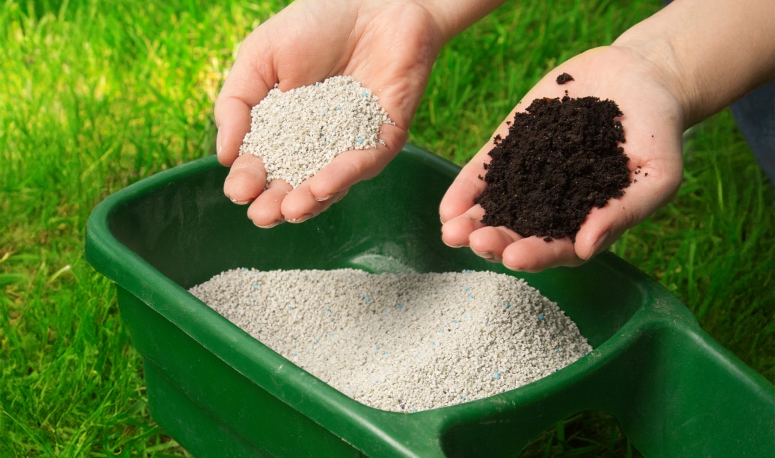 Une personne tenant des granules d’engrais dans une main et du compost dans l’autre, au-dessus d’un épandeur vert rempli d’engrais.