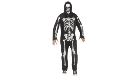 An adult wearing a skeleton costume.