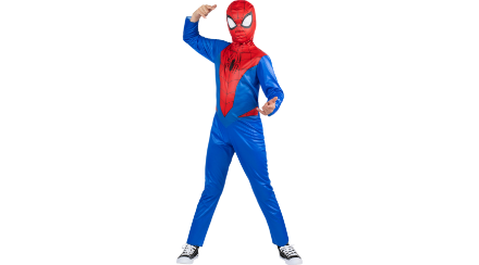 A kid wearing a Spiderman costume.