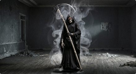  A Grim Reaper garage door cover with a scythe and smoky background.