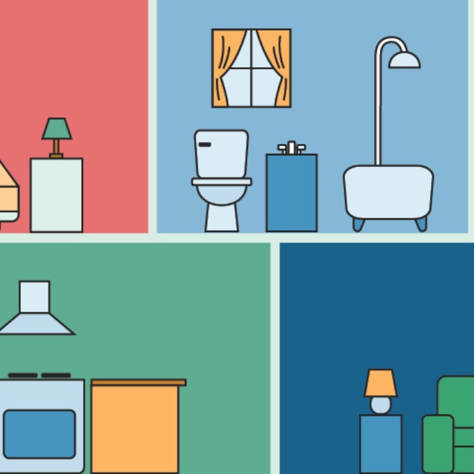 Illustrations of different rooms in a house: a bedroom, a bathroom, a kitchen and a living room.