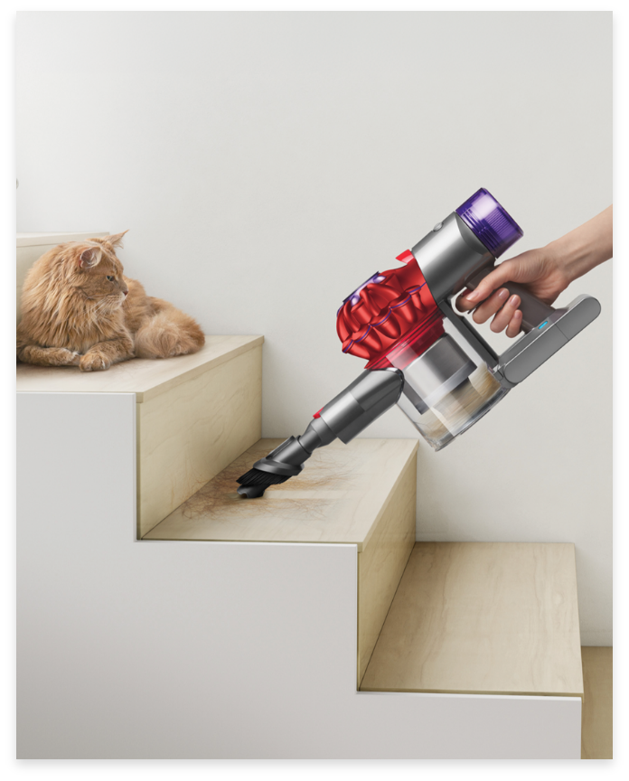 A person vacuuming stairs with a handheld vacuum cleaner while a cat watches.
