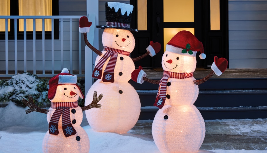 Trio famille de bonhommes de neige pliables CANVAS, 3 pi, 4 pi, 5 pi