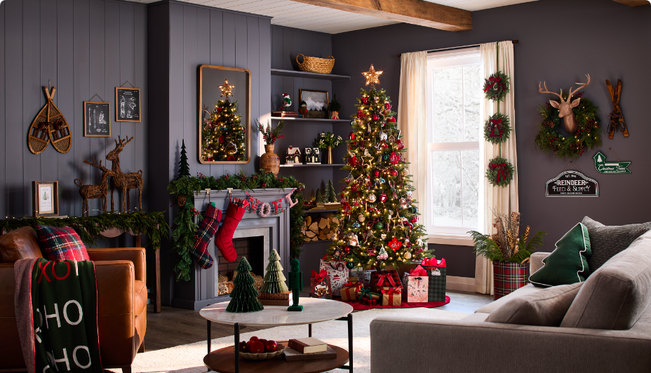Cozy living room with Christmas tree, stockings on the fireplace, and holiday decorations throughout.