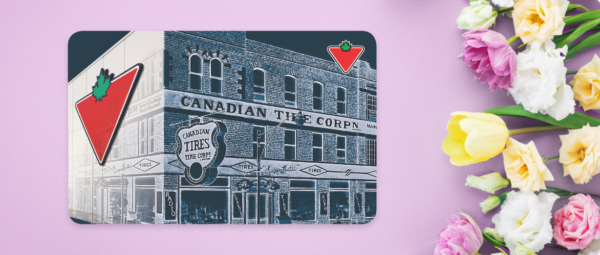 A Canadian Tire Gift Card next to a selection of flowers. 