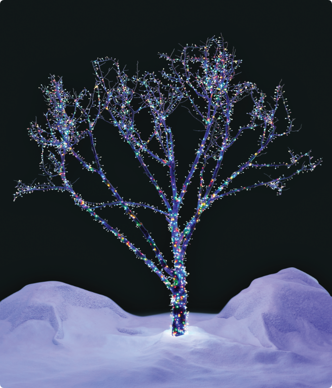 A tree decorated with multicoloured NOMA Advanced Cluster Lightshow LEDs.