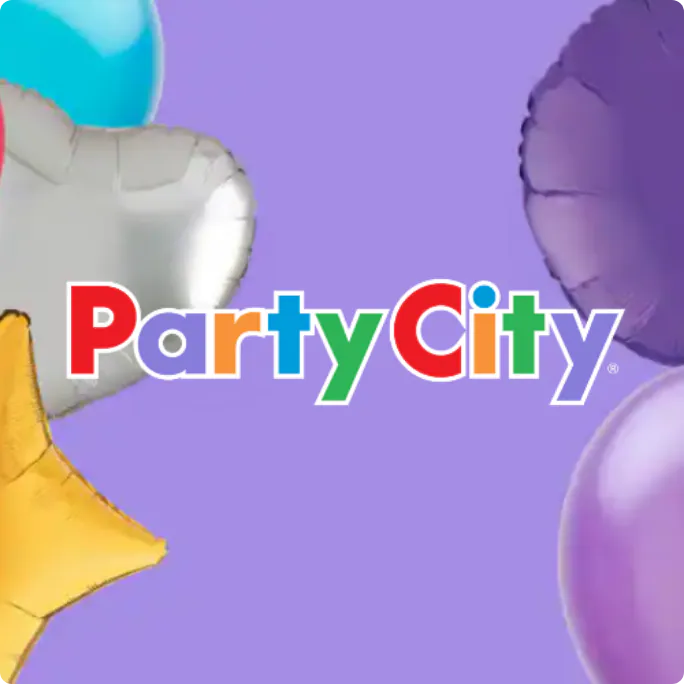 The Party City logo on a purple background, surrounded by colorful balloons.