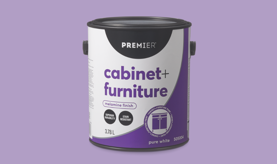 Can of Premier cabinet & furniture paint with melamine finish.