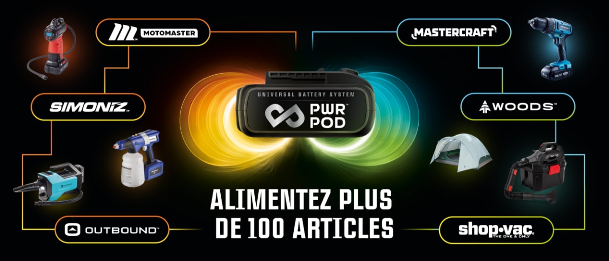 Système de batteries universel PWR POD, Motomaster, Yardworks, Simoniz, Woods, Mastercraft, Outbound