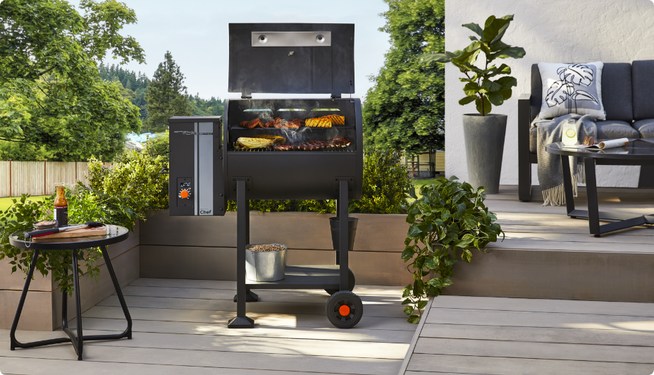 Master Chef Wood Pellet Grill smoking ribs and veggies. 