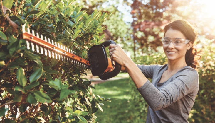 Une femme  taillant un buisson vert avec un taille-haie électrique Worx. 