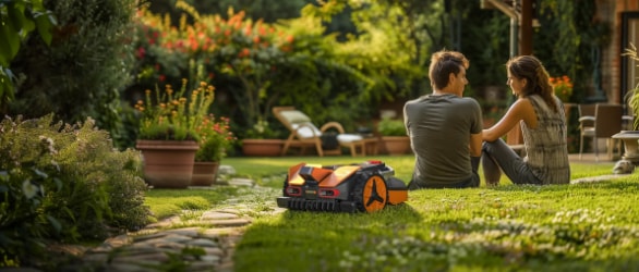  Une petite tondeuse robot Worx orange et noire