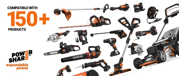 15 outils électriques et outils de jardin orange et noirs, comme une perceuse, un souffleur, un taille-bordure, une scie et une tondeuse. Le texte indique « Compatible avec plus de 150 produits » et « Power Share puissance extensible »