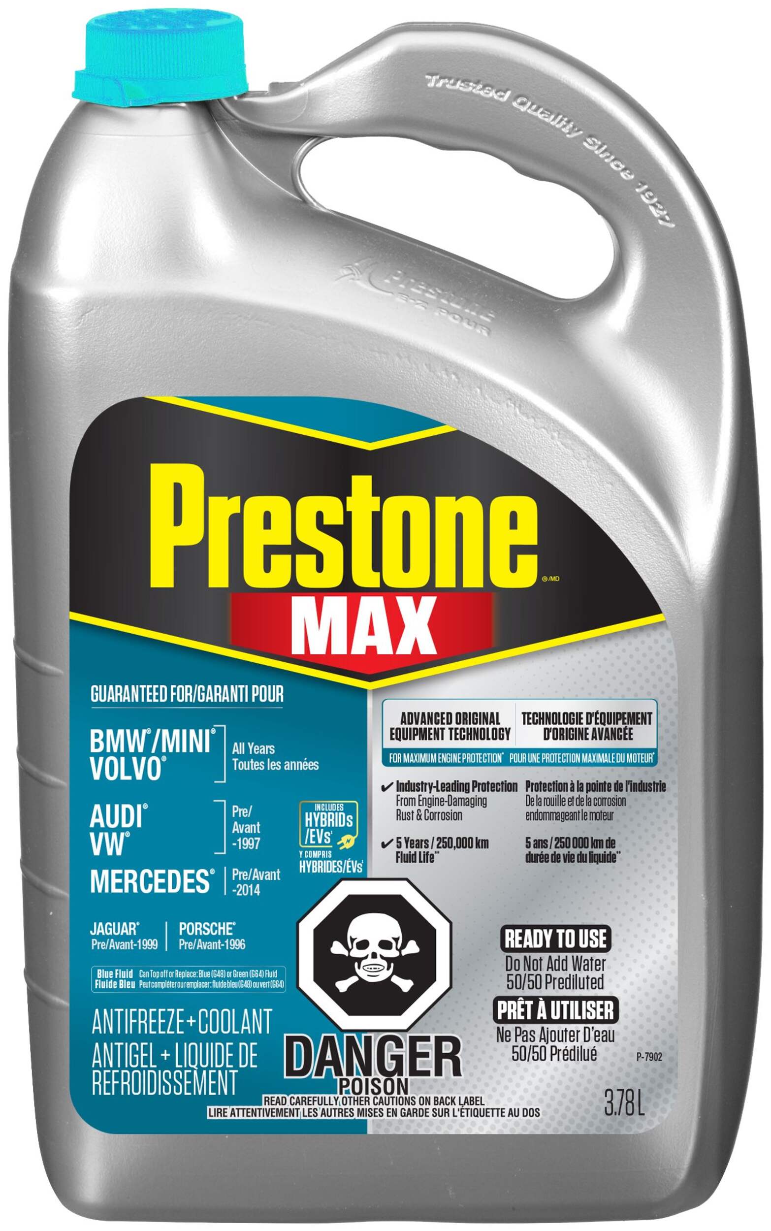 Antigel/liquide de refroidissement Prestone MAX, bleu sarcelle européen, 50/50 prémélangé, 3,78 L Front_Flat
