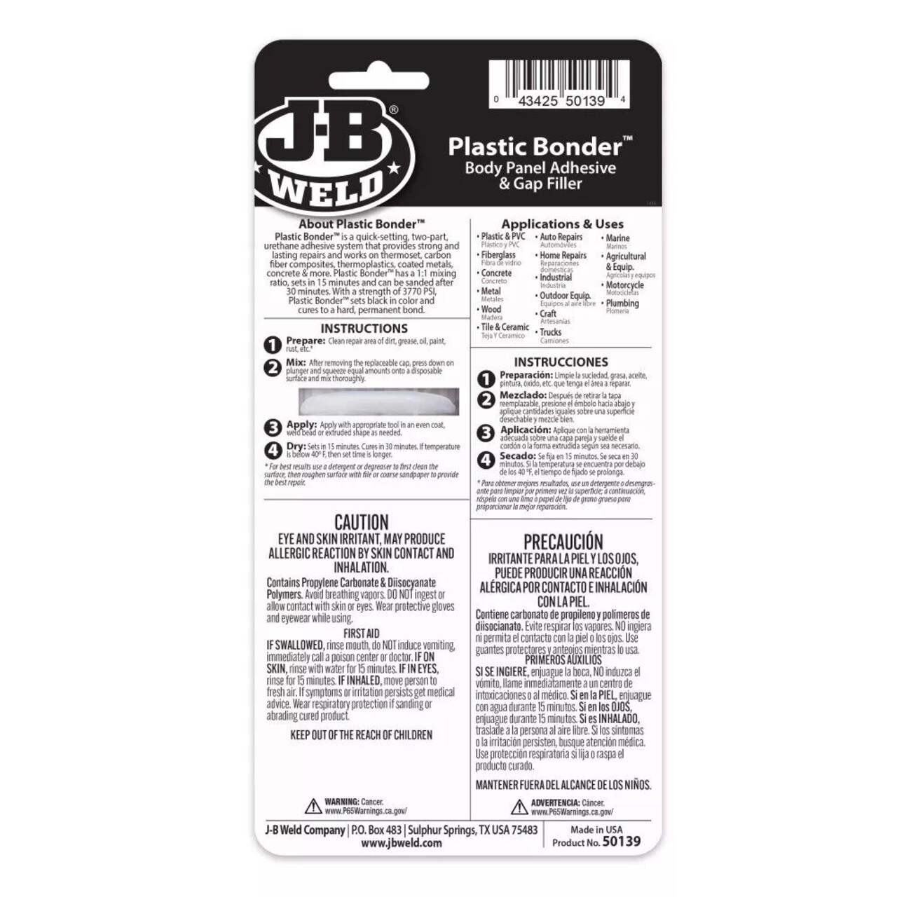 J-B Weld 50139 Plastic Bonder Body Panel Adhesive and Gap Filler Syringe -  Black - 25 ml 