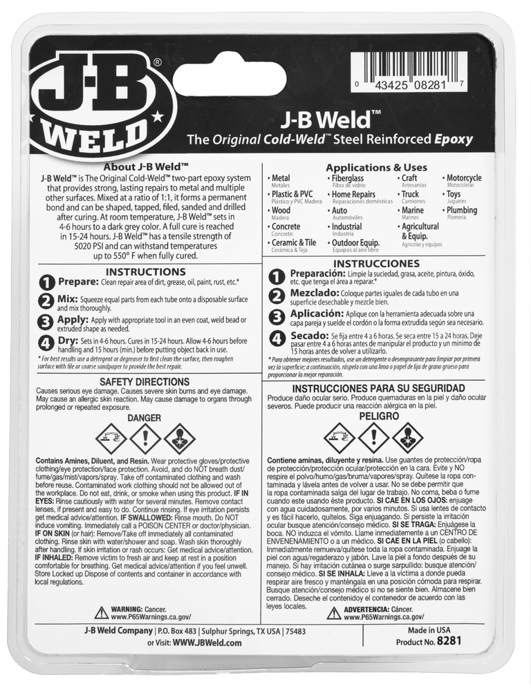 Adhésif époxyde JB Weld Original pour acier, ensemble double, 283 g