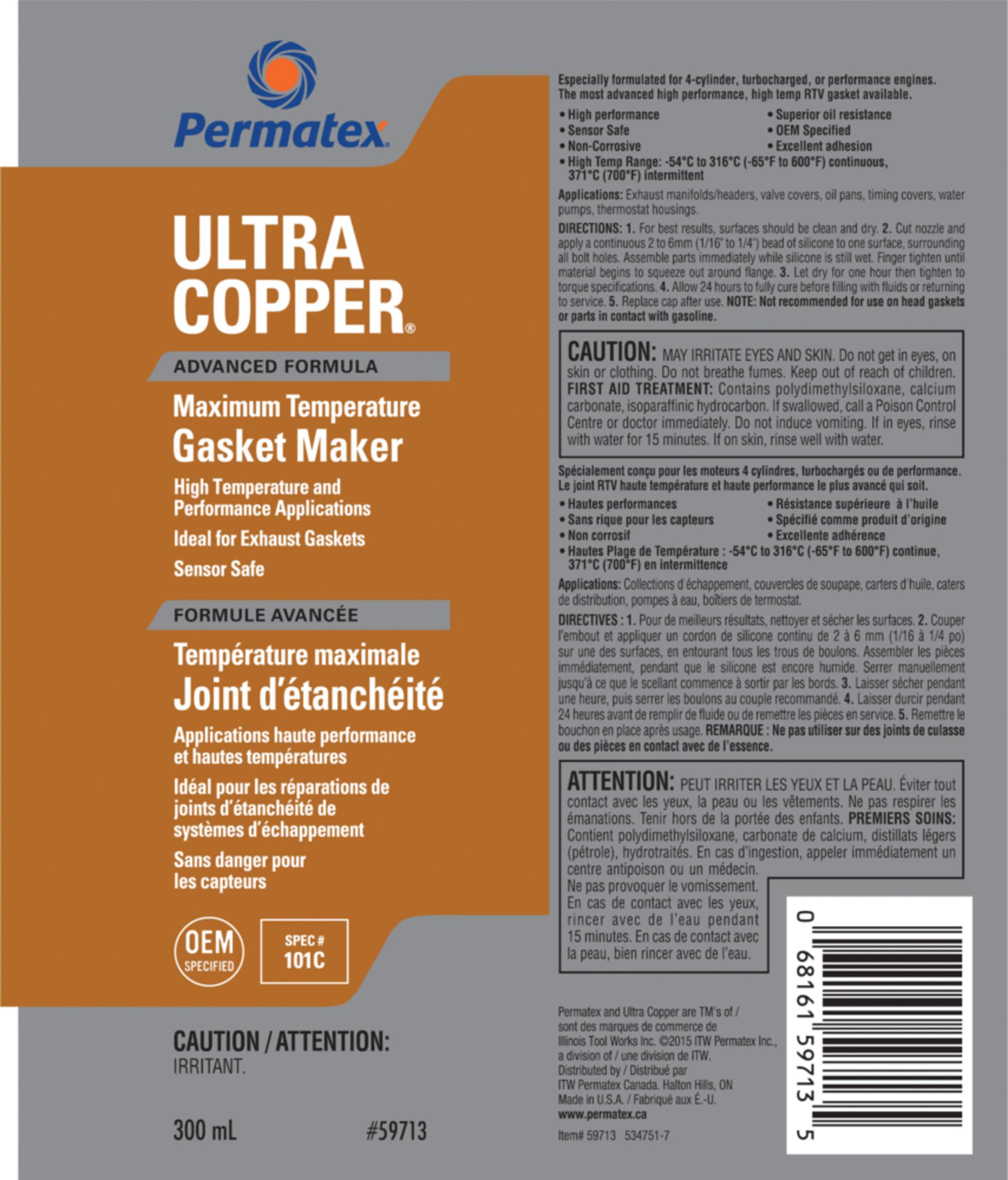 Permatex® Ultra Copper® High Temperature Gasket Maker 101C, 300mL