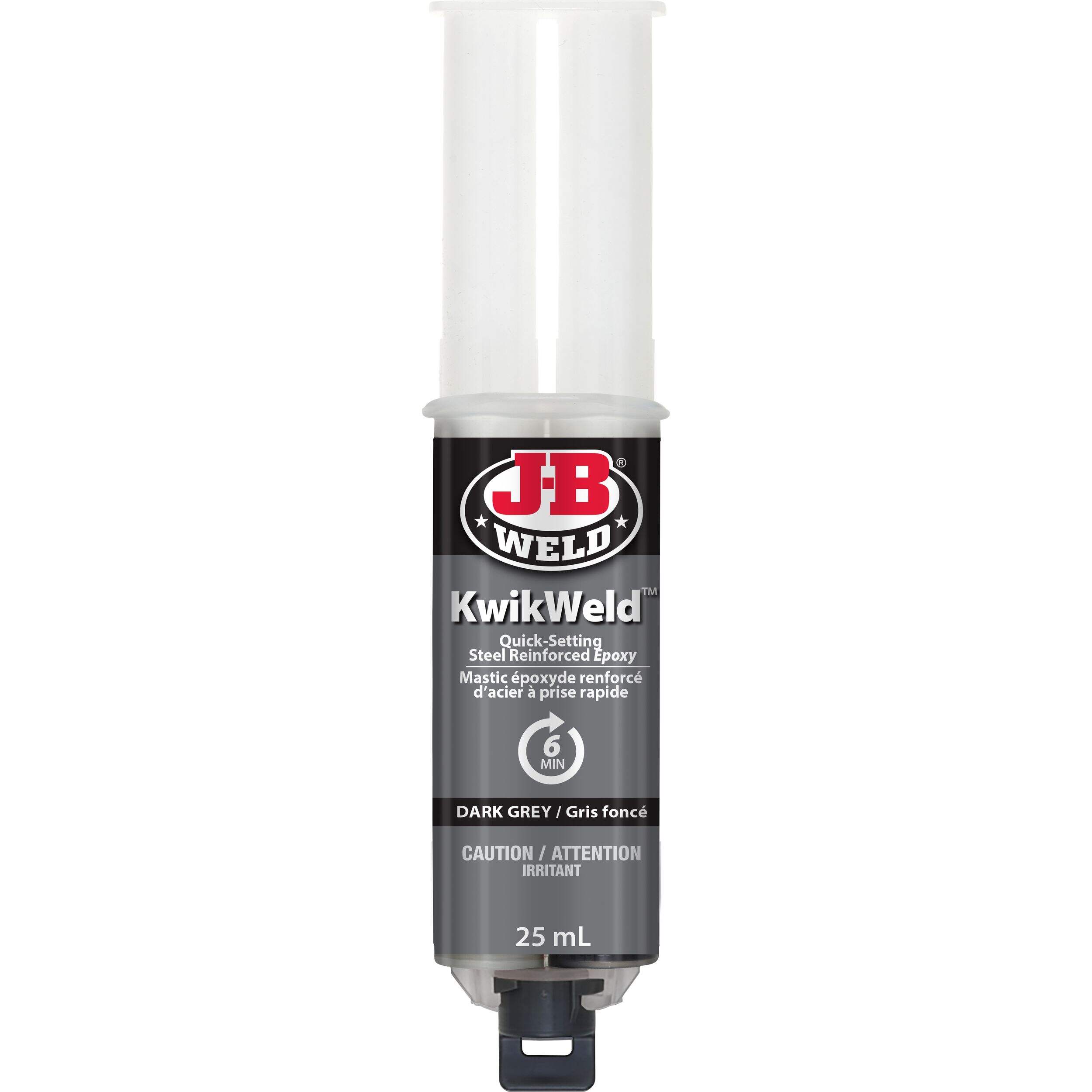 Adhésif époxyde à prise rapide JB Weld Kwik Weld en seringue d’acier renforcé, gris foncé, paq. 2, 25&nbsp;mL Front_Flat