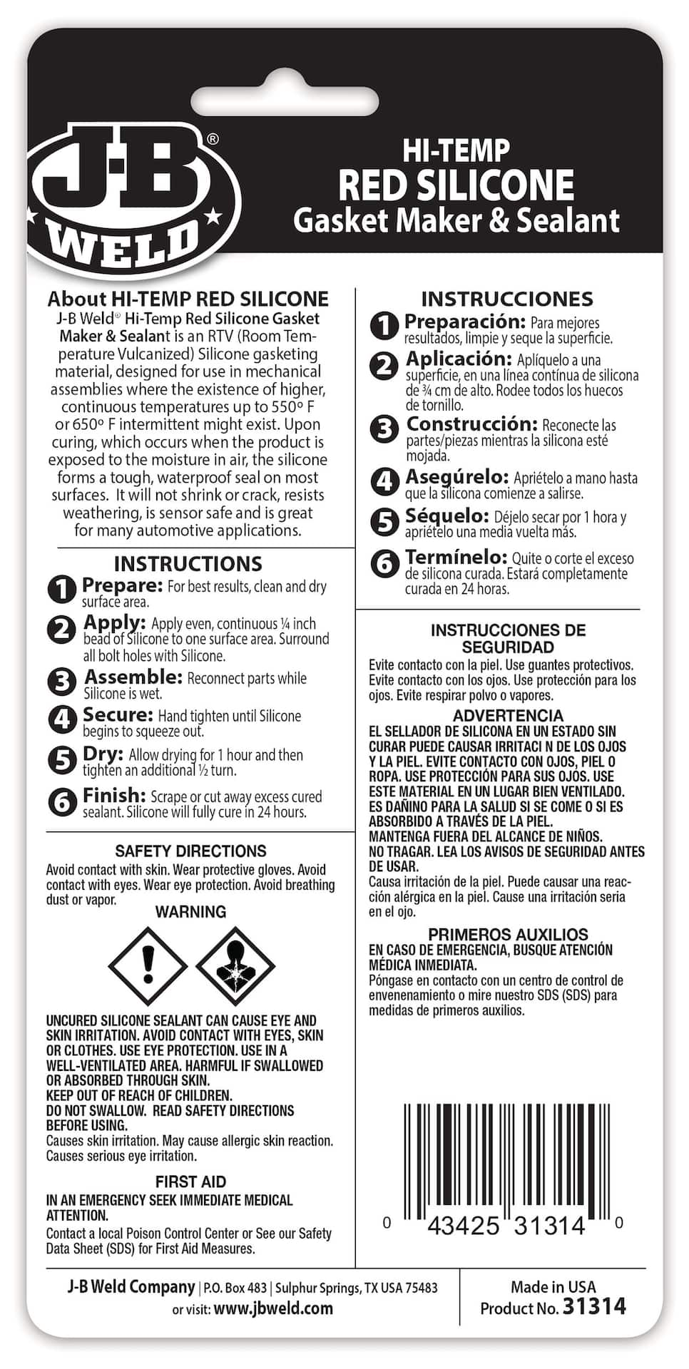 JB Weld 31314 Hi-Temp Red RTV Silicone Gasket Maker & Sealant, 3-oz ...