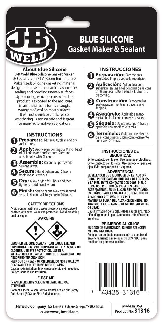 JB Weld Blue Silicone Gasket Maker and Sealant — 3-Oz. Tube