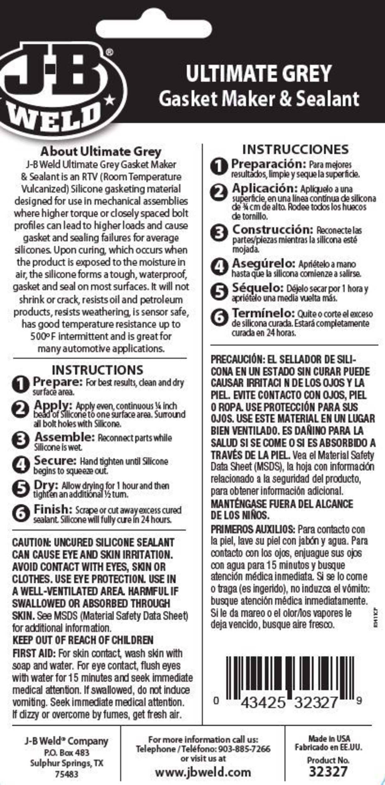JB Weld 32327 Ultimate Grey Gasket Maker & Sealant, 3oz Canadian Tire