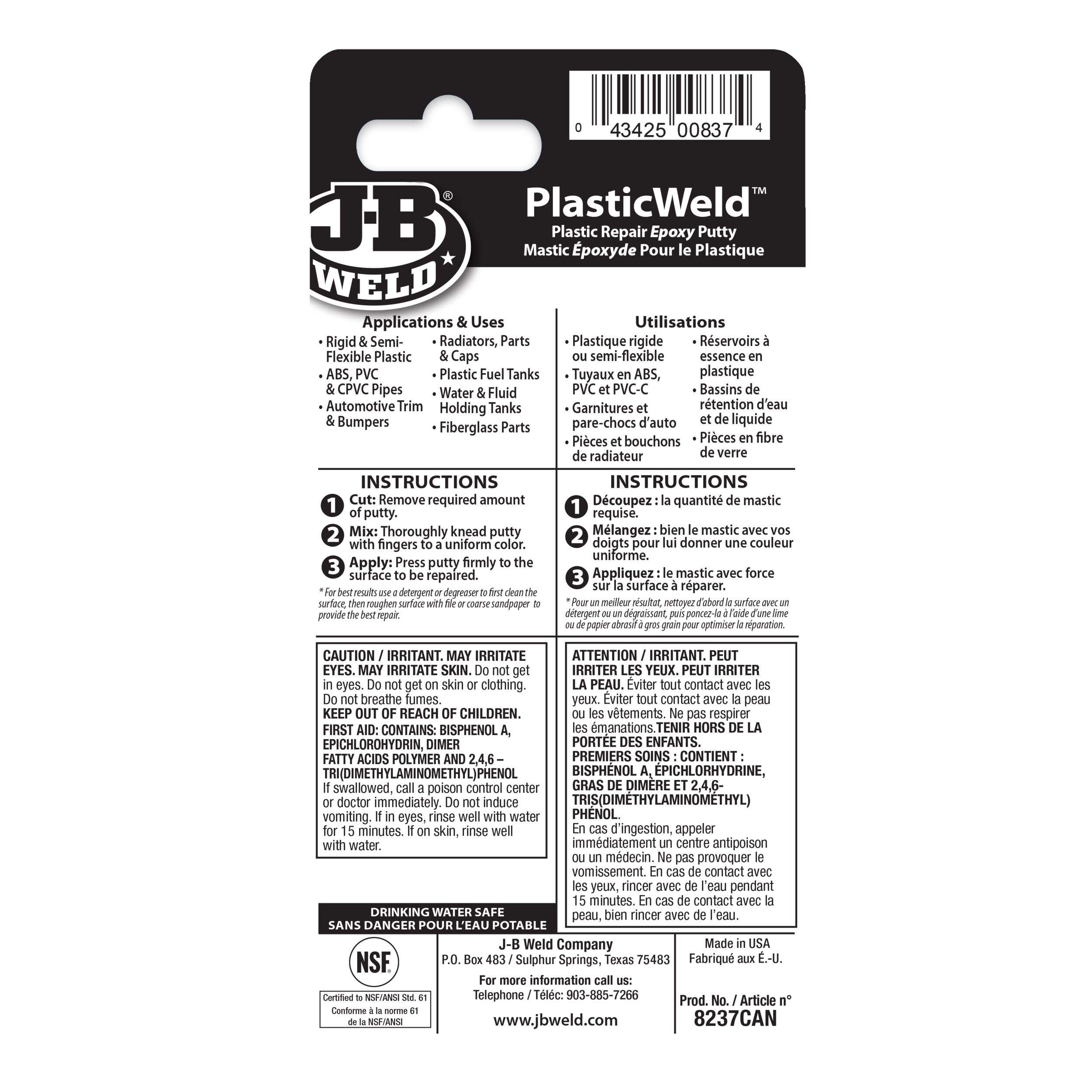 JB Weld Plastic Weld Repair Epoxy Putty Stick, 57g Canadian Tire