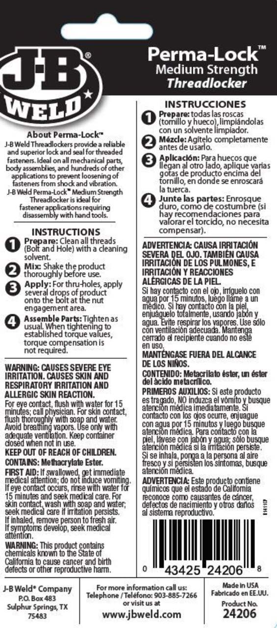 J-B Weld 24206 6 ml Perma-Lock Threadlocker Blue