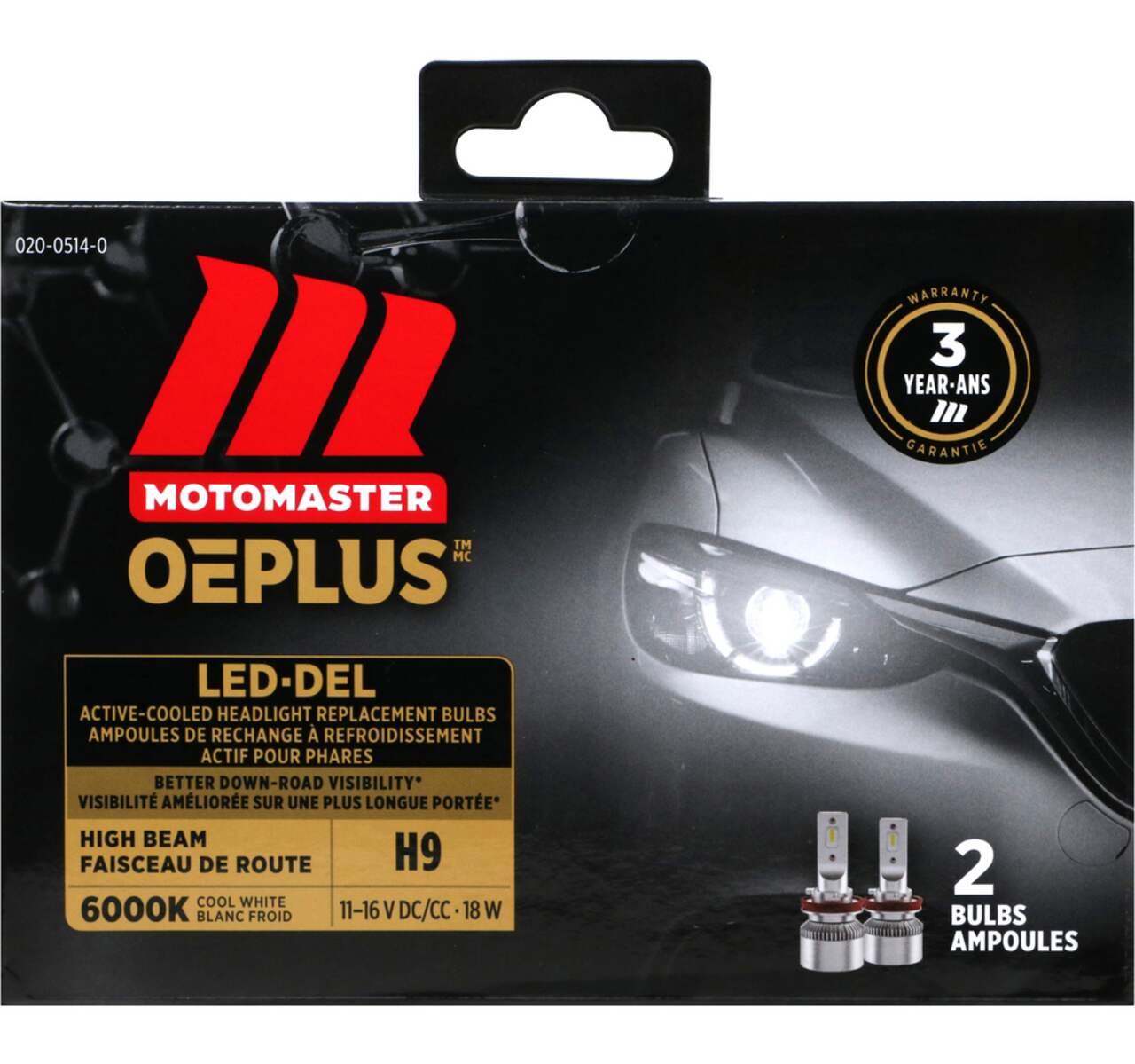 H9 MotoMaster OEPLUS® LED Headlight Bulb, 6000k Cool White Light, 2-pk