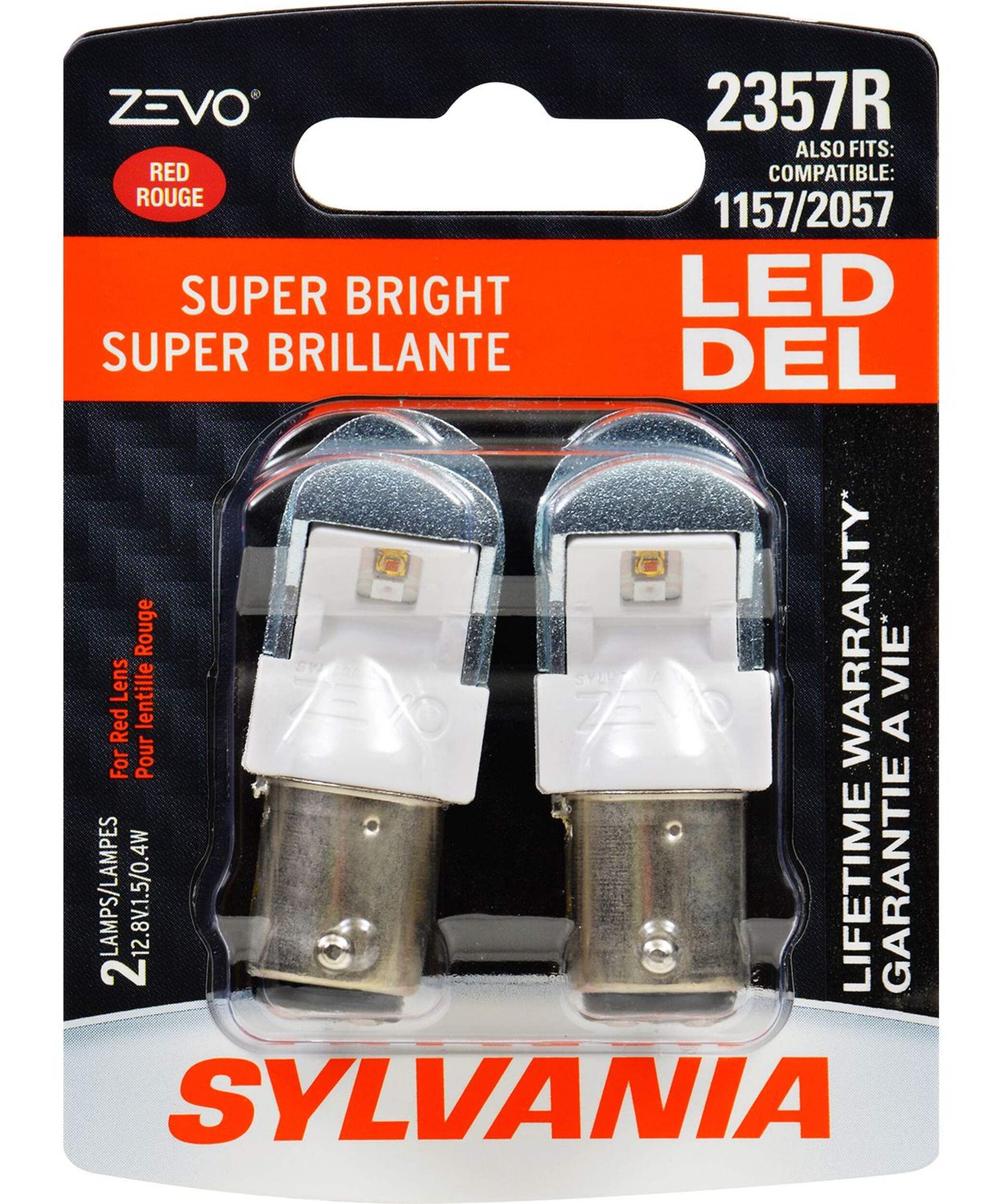 2357R Sylvania ZEVO® Red LED Mini Bulb, Super Bright, 2-pk Front_Flat