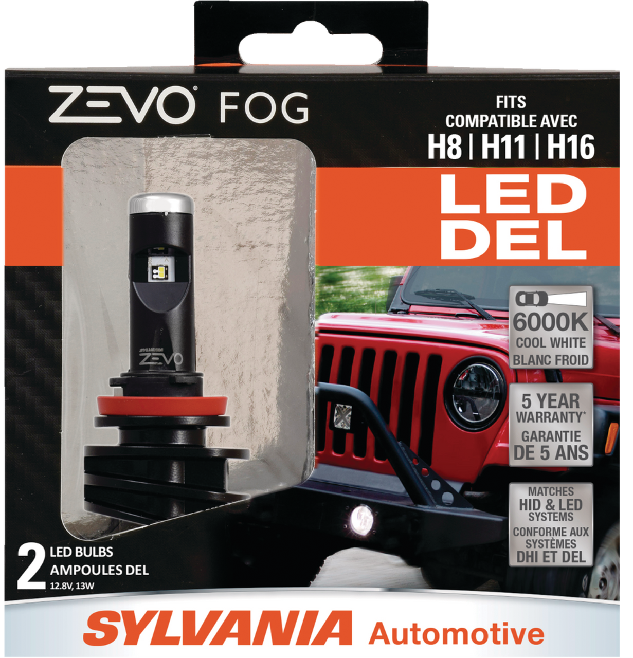 H8/H11/H16 Sylvania ZEVO® LED Fog Lights, 6000k Cool White Light, 2-pk