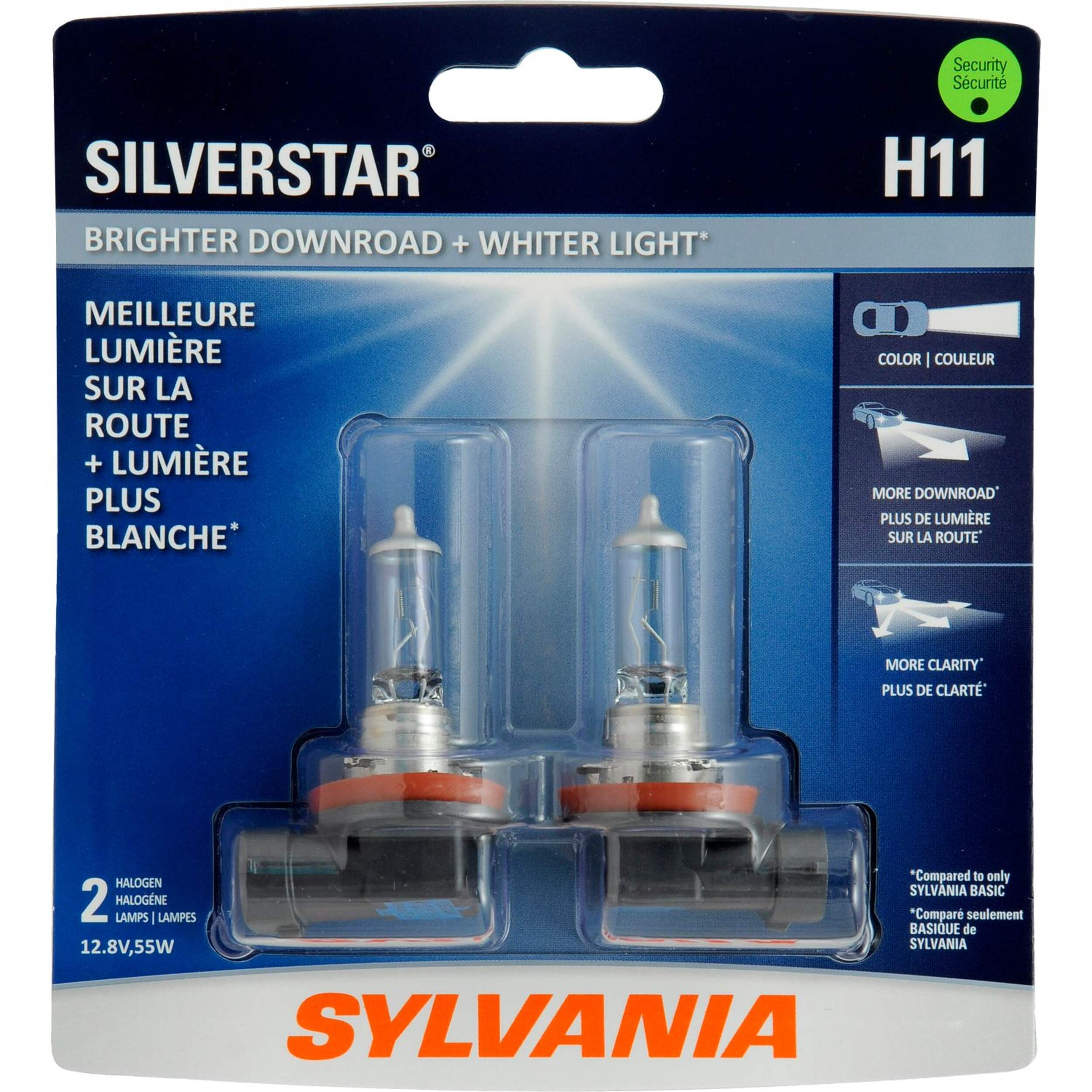 Ampoule de phare à halogène Sylvania H11 SilverStar, haut rendement, paq. 2 Front_Flat