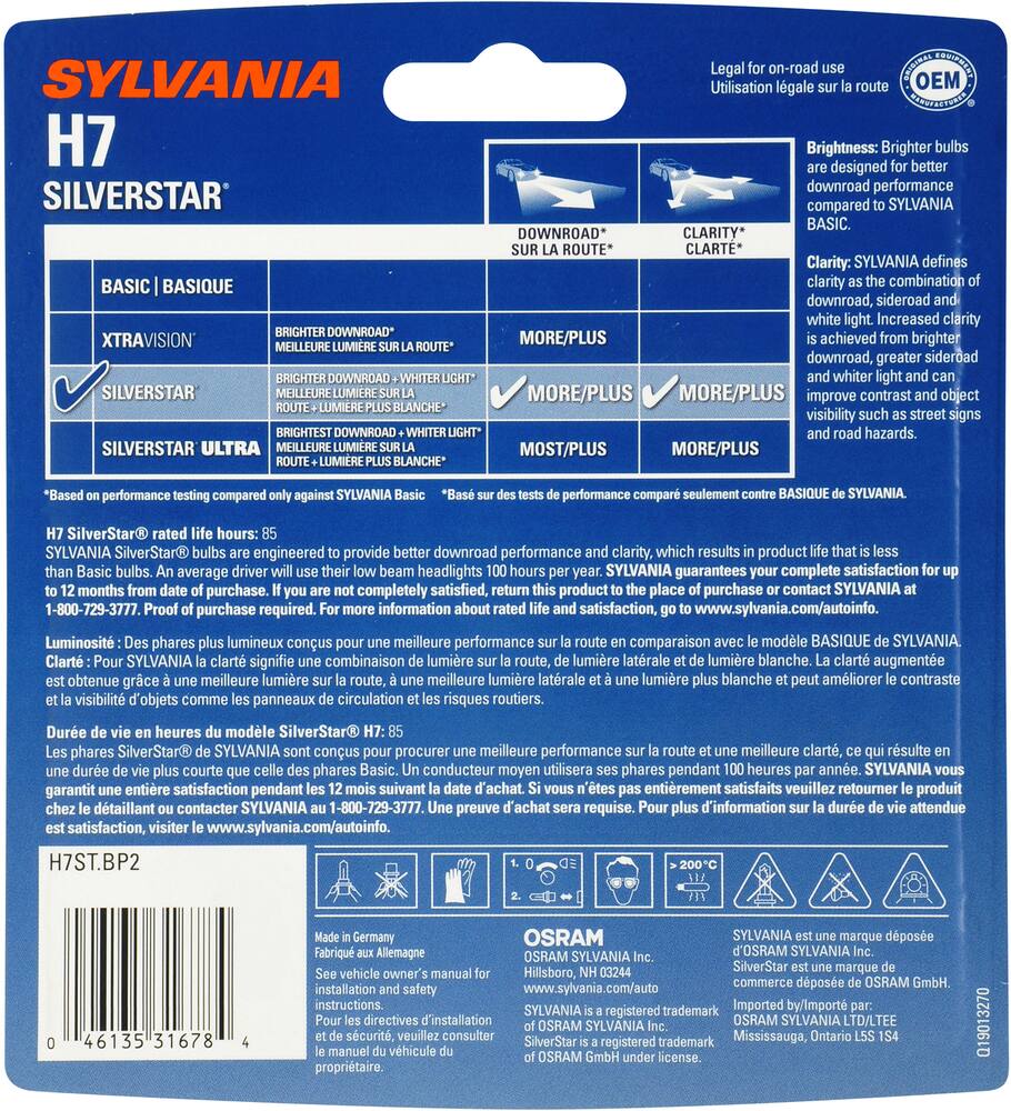 H7 Sylvania SilverStar® Halogen Headlight Bulb, Whiter Light, 2-pk   Canadian Tire