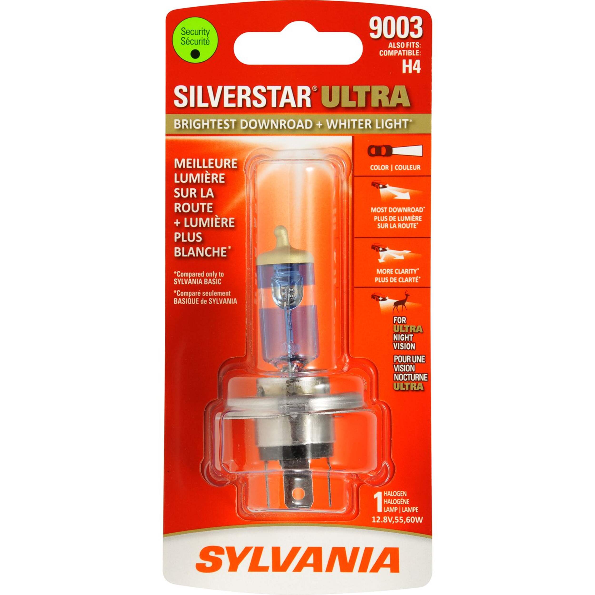 Ampoule de phare à halogène Sylvania 9003 SilverStar ULTRA, lumière plus blanche, paq. 1 Front_Flat