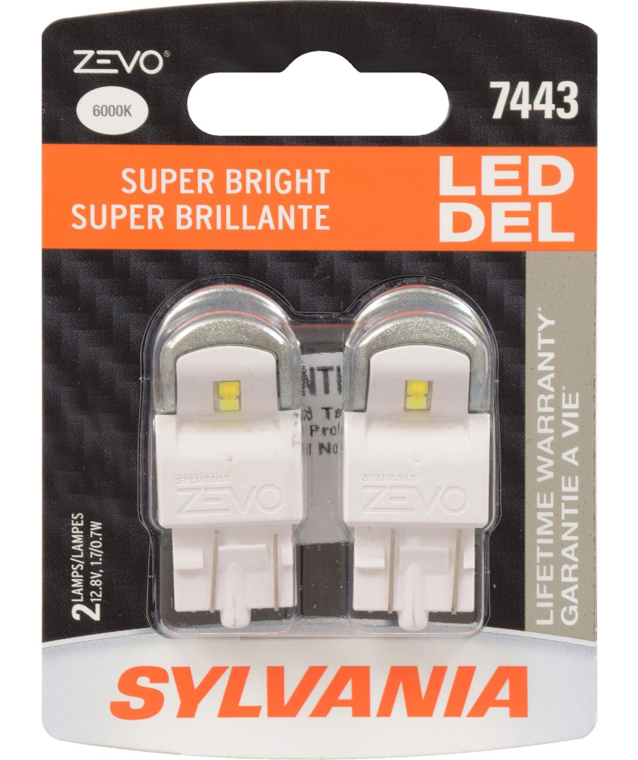 SYLVANIA 7443 WHITE ZEVO LED Mini, 2 Pack Front_Flat