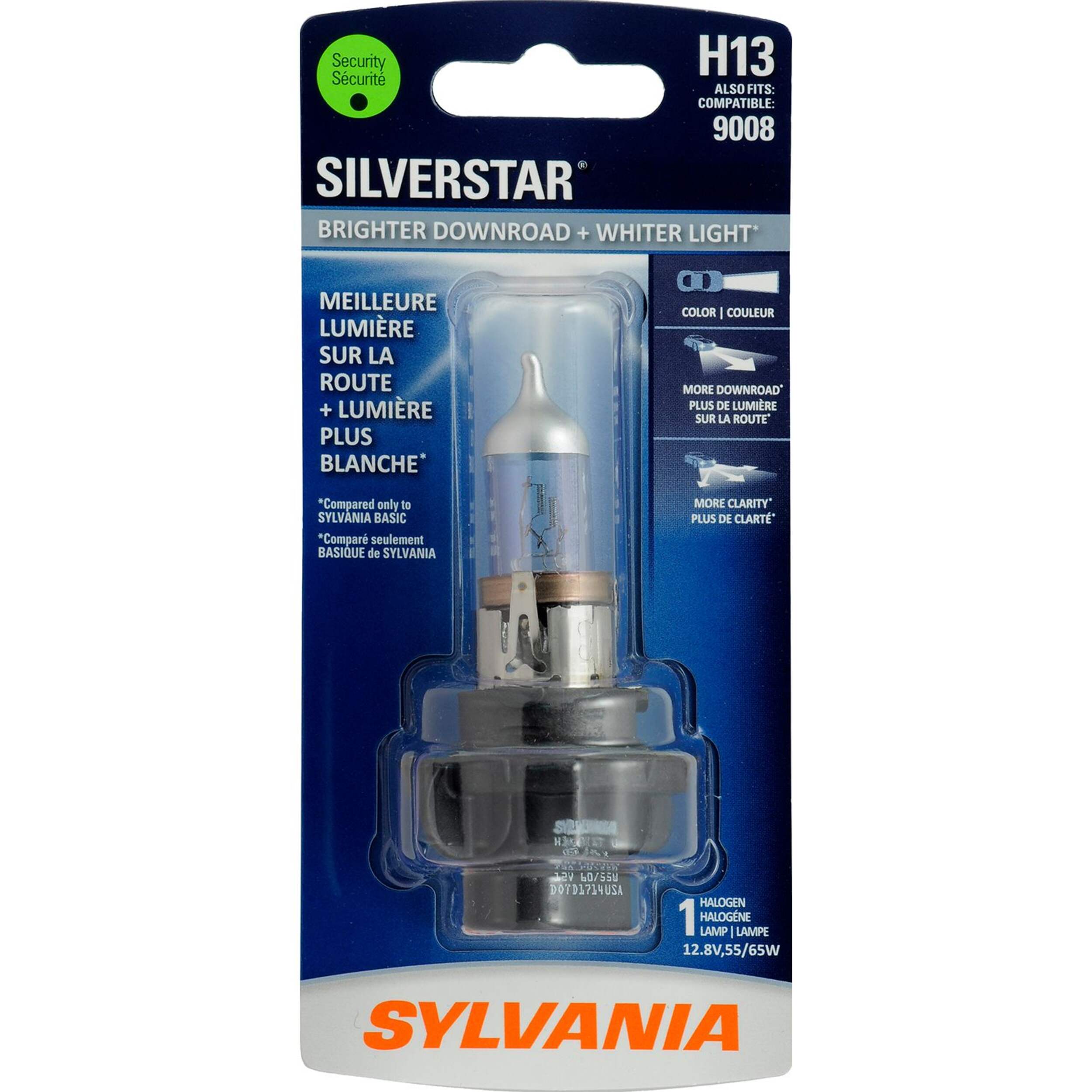 Ampoule de phare à halogène Sylvania H13 SilverStar, lumière plus blanche, paq. 1 Front_Flat