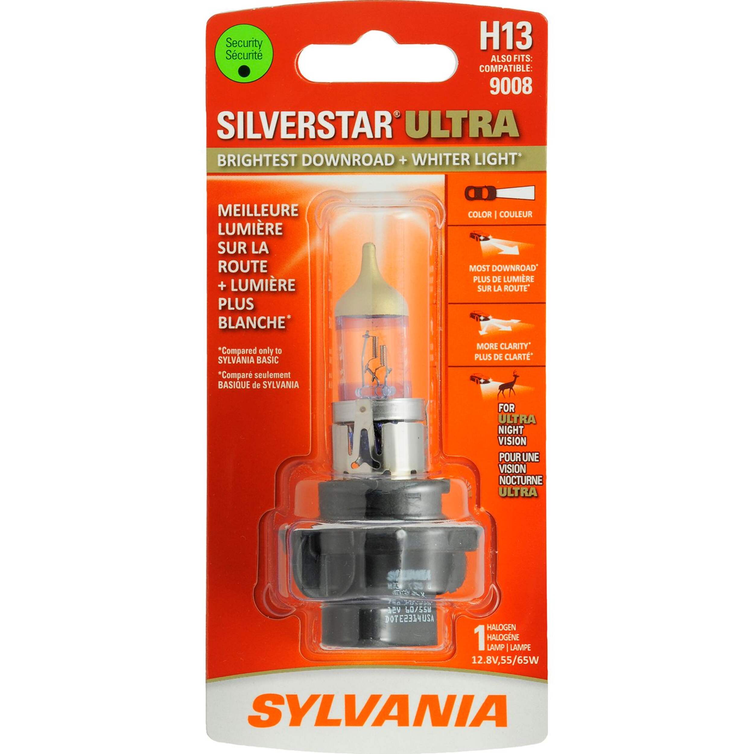 Ampoule de phare à halogène Sylvania H13 SilverStar ULTRA, lumière plus blanche, paq. 1 Front_Flat