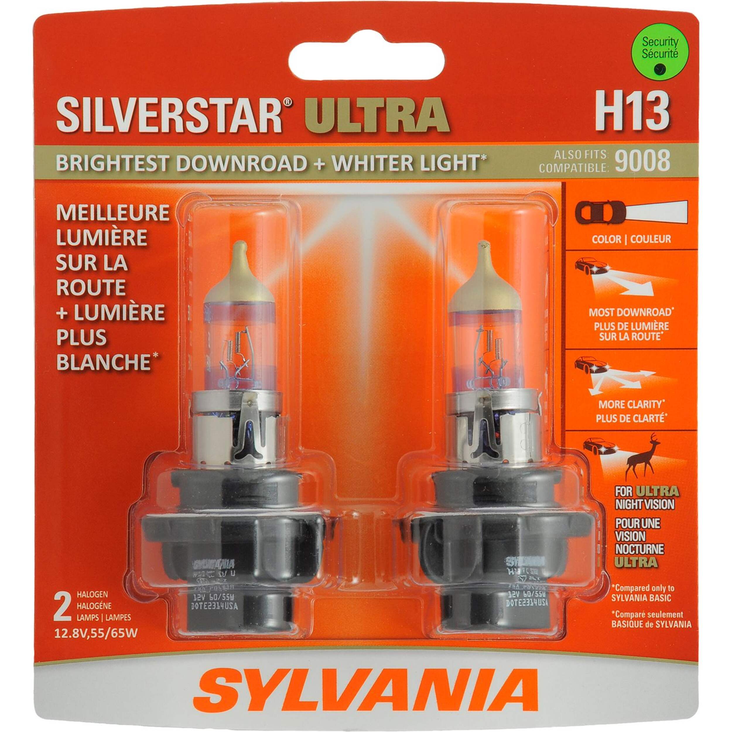 Ampoule de phare à halogène Sylvania H13 SilverStar ULTRA performance, paq. 2 Front_Flat