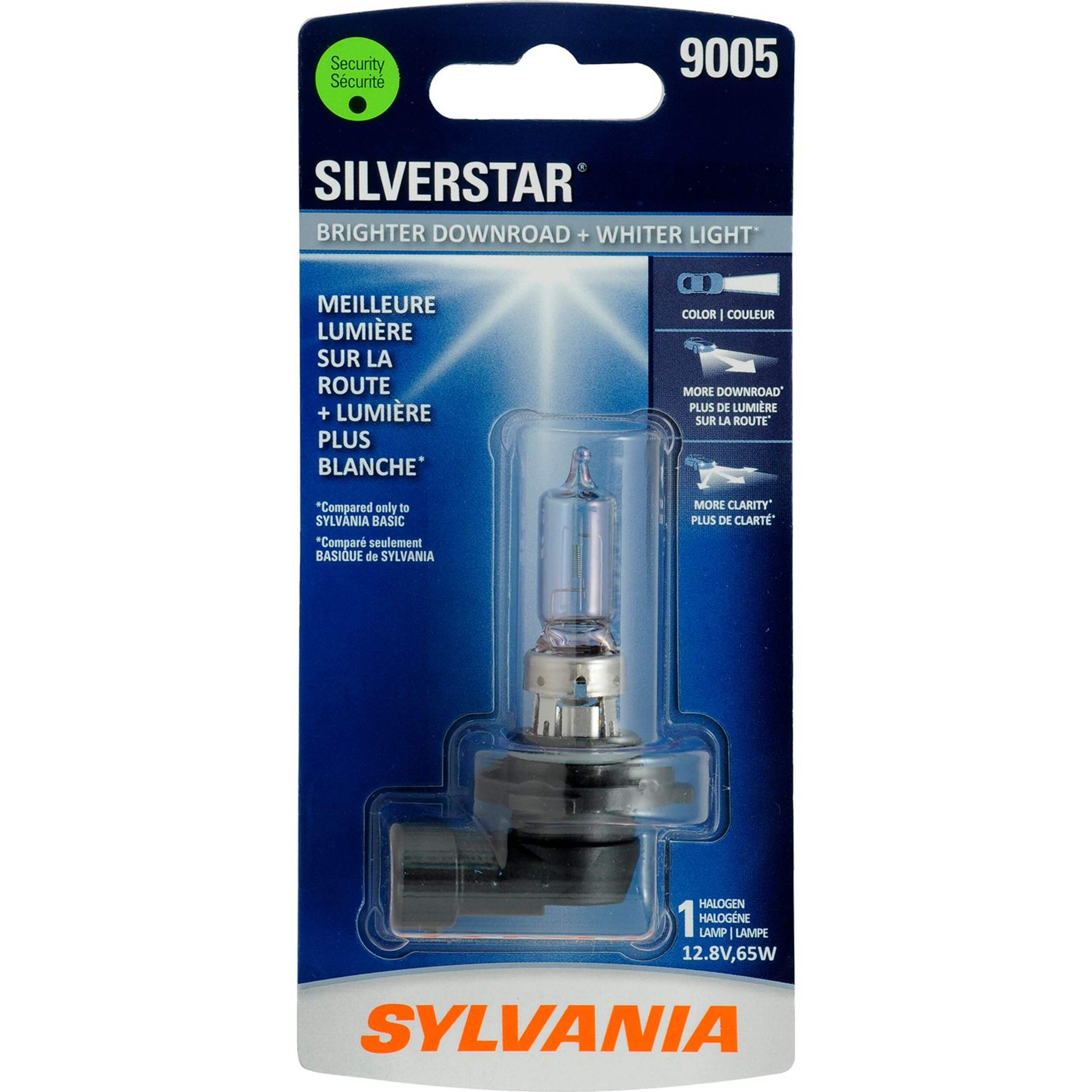 Ampoule de phare à halogène Sylvania 9005 SilverStar, lumière plus blanche, paq. 1 Front_Flat