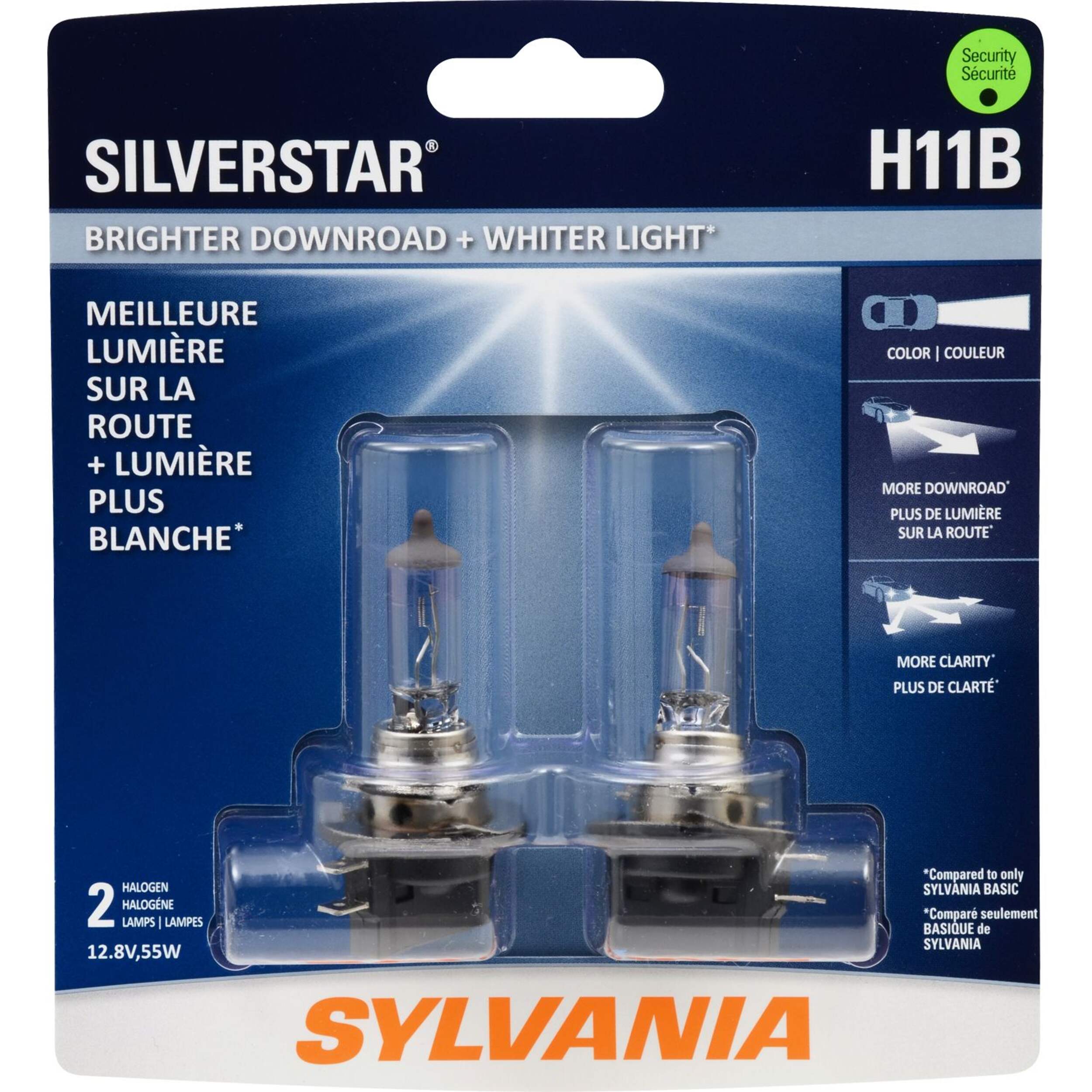 Sylvania H11B SilverStar® Halogen Headlight Bulb, High-Performance, 2-pk Front_Flat