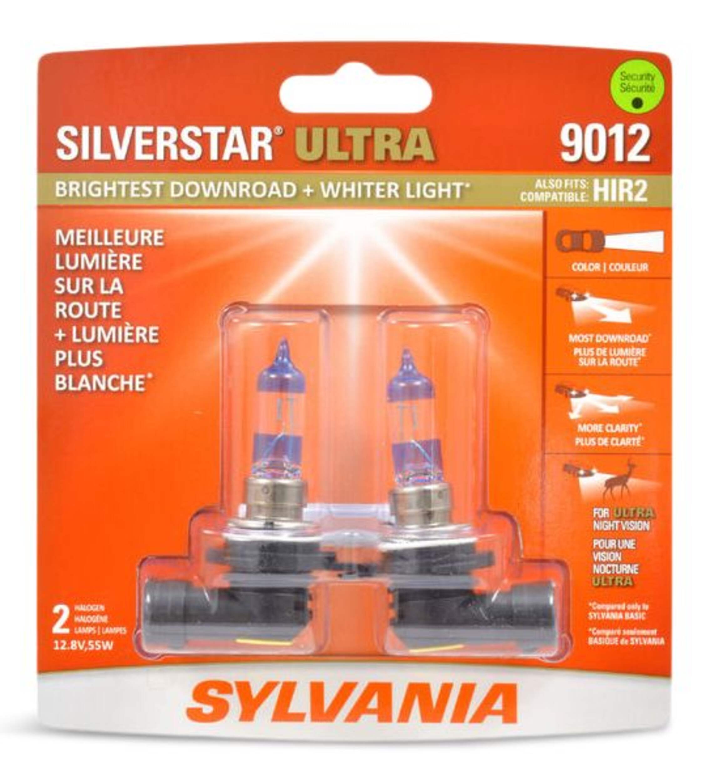 Sylvania 9012 SilverStar Ultra Halogen Automotive Headlight Bulbs, 2-pk Front_Flat