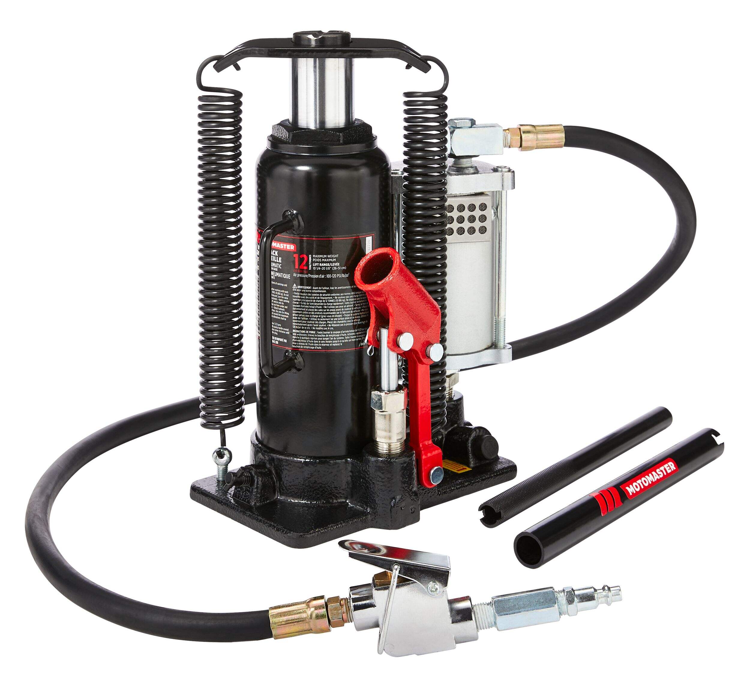 MotoMaster Pneumatic/Hydraulic Bottle Jack with Quick Connector, 12-Ton Front_Three_Fourths_Angled_Left
