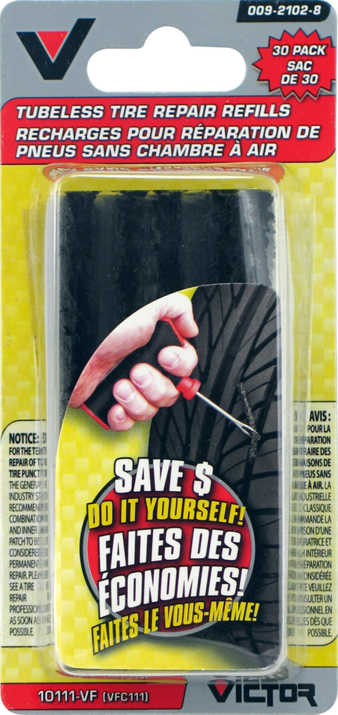 Mèches de réparation de pneus sans chambre à air Victor, paq. 30 Front_Flat