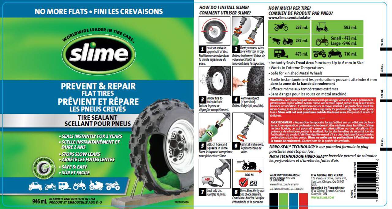 Voiture de recharge de réparation de pneus Slime 473 ml
