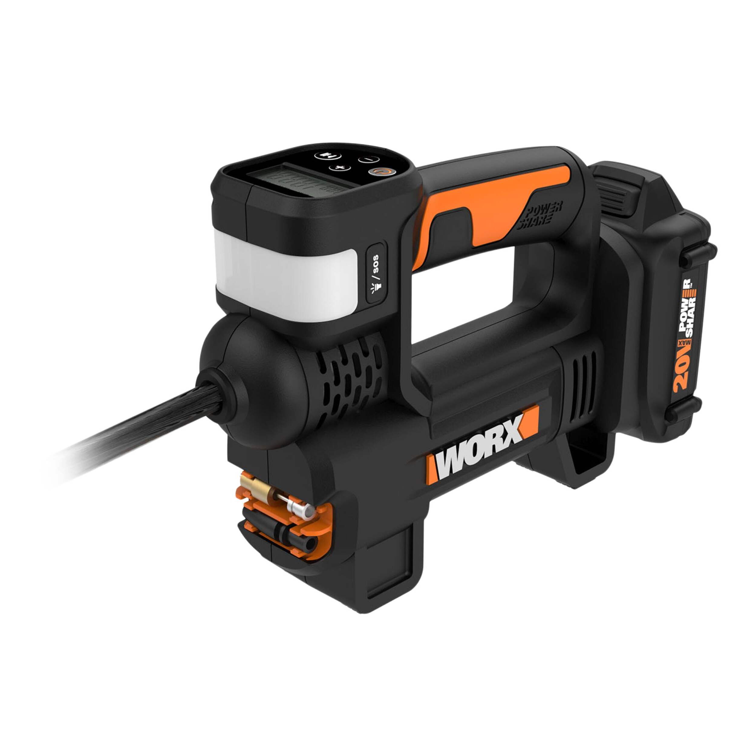 Worx WX092L 20V Power Share Portable Air Pump Inflator with 2Ah Battery & Charger Front_Three_Fourths_Angled_Left
