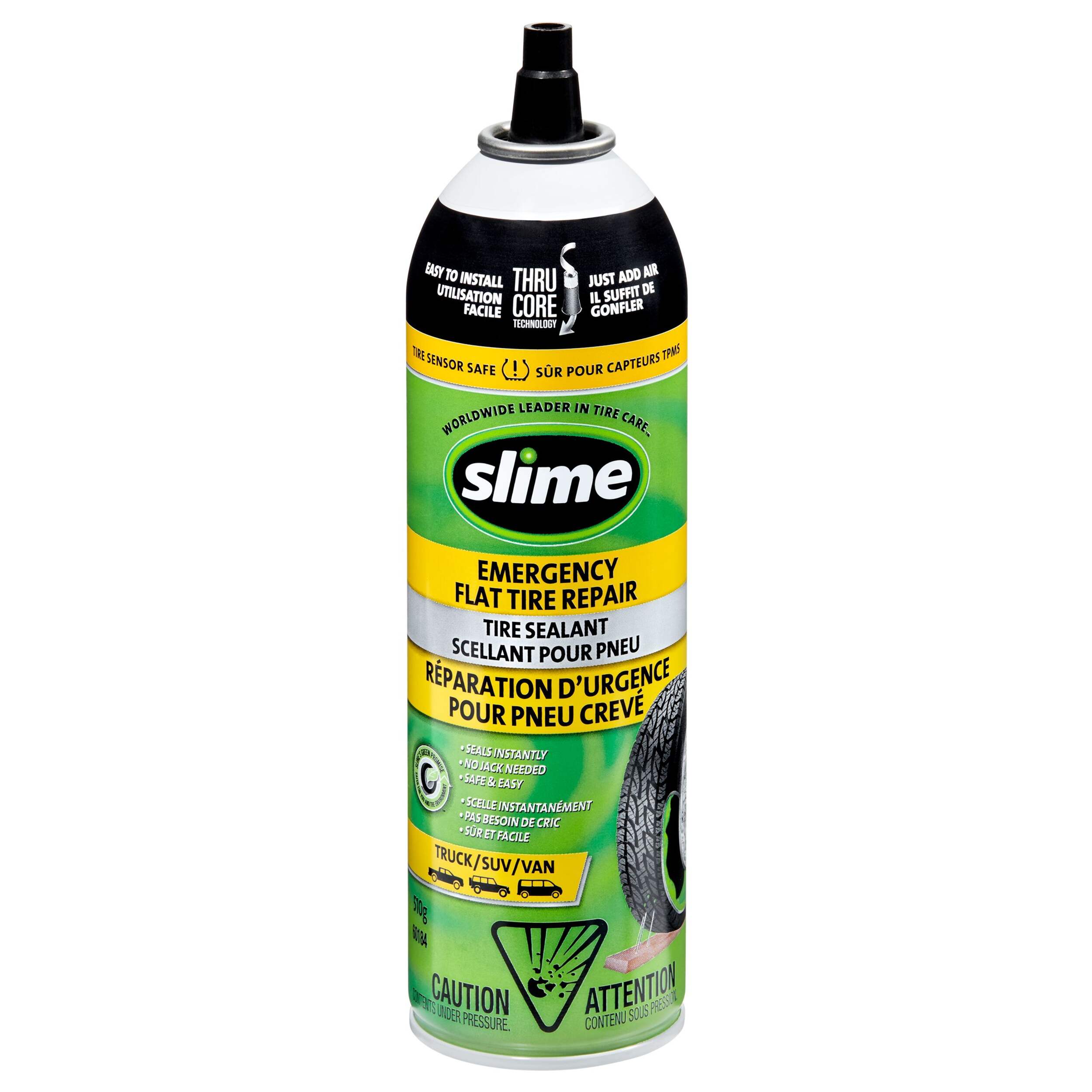 Slime® Emergency Tire Repair Tire Sealant w/ Thru-Core Technology, 510-g Front_Flat