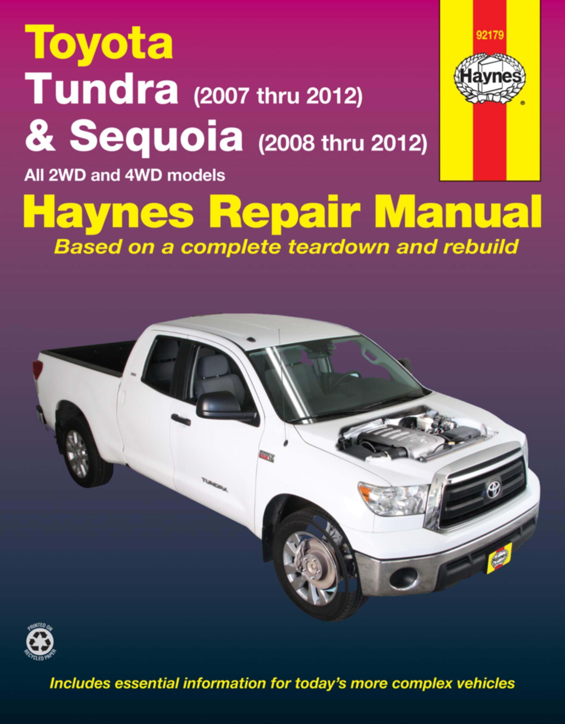 Toyota Tundra 2007 thru 2012 & Sequoia 2008 thru 2012, Haynes Repair Manual, 92179 Front_Flat
